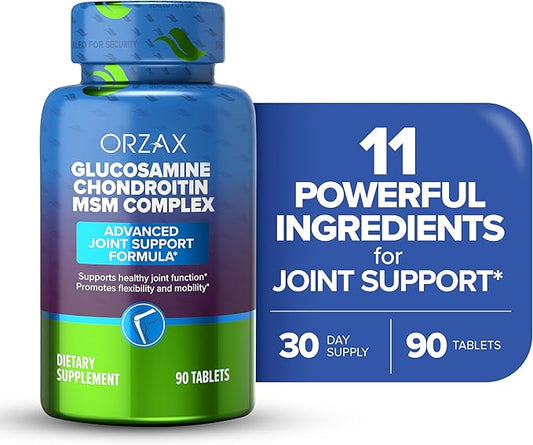 ORZAX All-in-one Joint Support Supplement with Glucosamine Chondroitin MSM - Turmeric, Collagen, Bromelain & Boswellia Extract Capsules, Function & Comfort - 90 Tablets