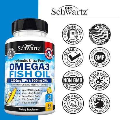 Triple Strength Omega 3 Fish Oil Supplement - 2250mg EPA DHA Omega 3 Fatty Acids from Wild Caught Fish, Supports Joint, Eyes, Brain Health - Burpless Lemon Flavor, Gluten Free, 90 Omega3 Softgels