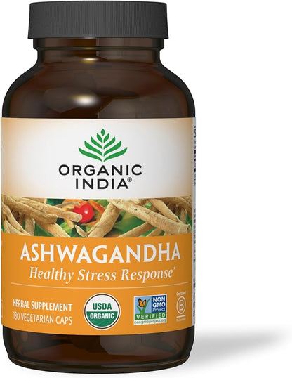 ORGANIC INDIA Ashwagandha Capsules - Organic Ashwagandha Supplement - Vegan Ashwagandha Root, Gluten-Free, Kosher, Non-GMO, Supports Stress Relief, Energy, and Sleep - 180 Capsules