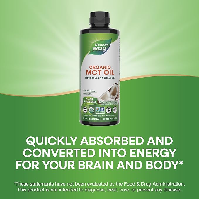 Nature's Way Organic MCT Oil, 16 Fl Oz, Brain and Body Fuel from Coconuts*, C8 Caprylic Acid and C10 Capric Acid, Keto and Paleo Certified, Organic, Non-GMO Project Verified (Packaging May Vary)