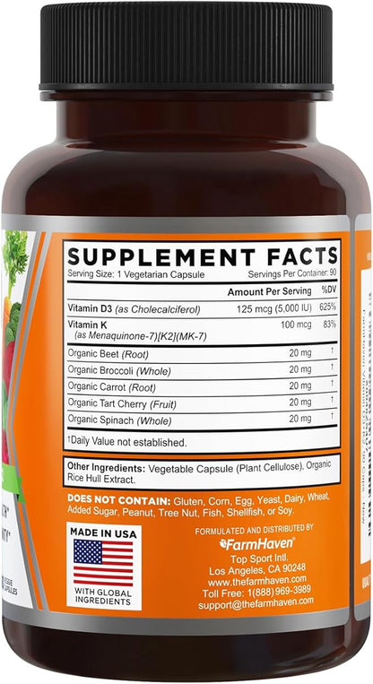 FarmHaven Vitamin D3 K2 Capsules - 5000 IU D3 and 100 mcg K2 - Cholecalciferol MK7 with Veggie Fruit Blend - Vitamin D K2 Supplement for Immune System & Heart Health - Vegetarian, Non-GMO, 90 Caps