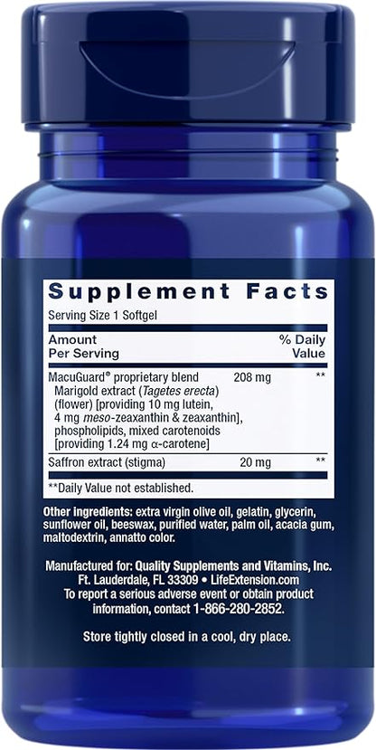 Life Extension MacuGuard Ocular Support with Saffron – Eye Health Supplement for Healthy Vision – with lutein, meso-zeaxanthin, zeaxanthin, saffron – Gluten-free, Non-GMO – 60 softgels