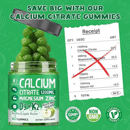 Calcium Citrate 1200 mg with Vitamin D3 Gummies, Calcium Citrate Magnesium Zinc with Vitamin D3 Supplement for Women & Men Bone & Teeth Support, Natural Apple Flavor - 30 Day Vegan Supply