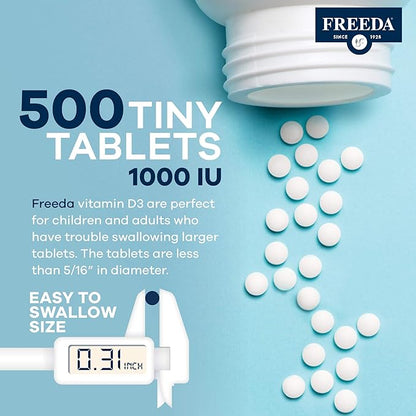 FREEDA Vitamin D3-1000 IU - Pure High Potency Kosher Supplement Tablets - Bone and Muscle Health, Calcium Absorption, Immune Support for Men and Women* - 500 Count