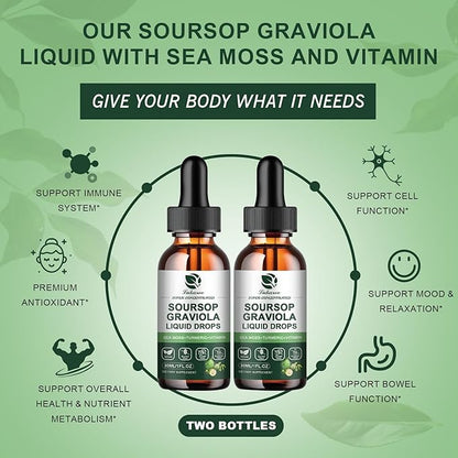 (2 Pack) Soursop Graviola Leaf Extract Liquid Drop Plus Pure Botanical Sea Moss for Cell Support & Regeneration, Immunity, Liver, Zzz & Antioxidant - Soursop Bitters Liquid, 2 Month Supply, 1 Fl Oz