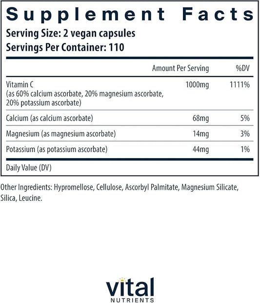 Vital Nutrients Buffered Vitamin C 500mg | Vegan Gentle Vitamin C for Sensitive Individuals* | Immune Support Supplement* | Gluten, Dairy and Soy Free | Non-GMO | 220 Capsules