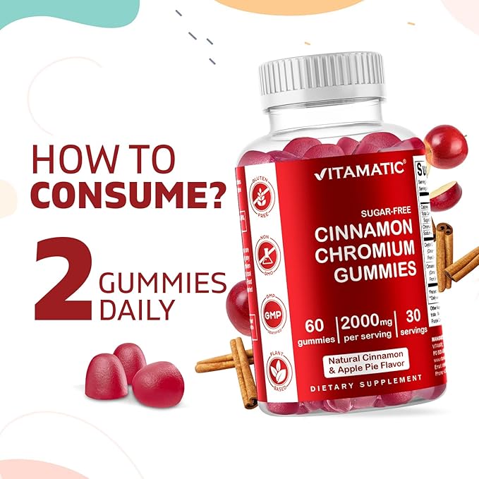 2 Pack - Vitamatic Sugar Free Chromium Gummies with Ceylon Cinnamon - 2000 mg per Serving - Non-GMO - Gluten Free - 60 Vegan Gummies