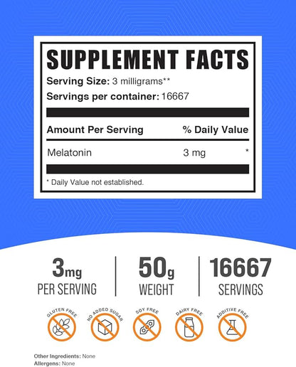 BulkSupplements.com Melatonin Powder - Sleep Supplement, Melatonin for Adults, Melatonin 3 mg - Vegan Melatonin, Pure & Gluten Free, 3mg per Serving, 50g (1.8 oz) (Pack of 1)