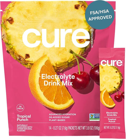 Cure Hydration | Plant-Based Electrolyte Drink Mix | No Added Sugar | FSA & HSA | Dehydration Relief Powder Made with Coconut Water | Non-GMO | Vegan | Pouch of 14 Packets - Tropical Punch