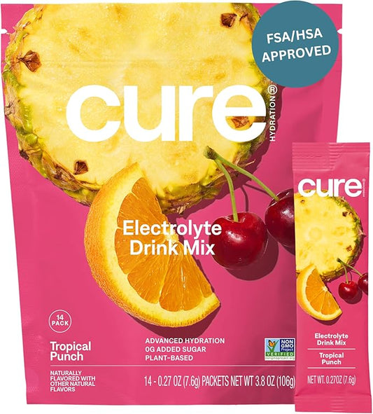 Cure Hydration | Plant-Based Electrolyte Drink Mix | No Added Sugar | FSA & HSA | Dehydration Relief Powder Made with Coconut Water | Non-GMO | Vegan | Pouch of 14 Packets - Tropical Punch