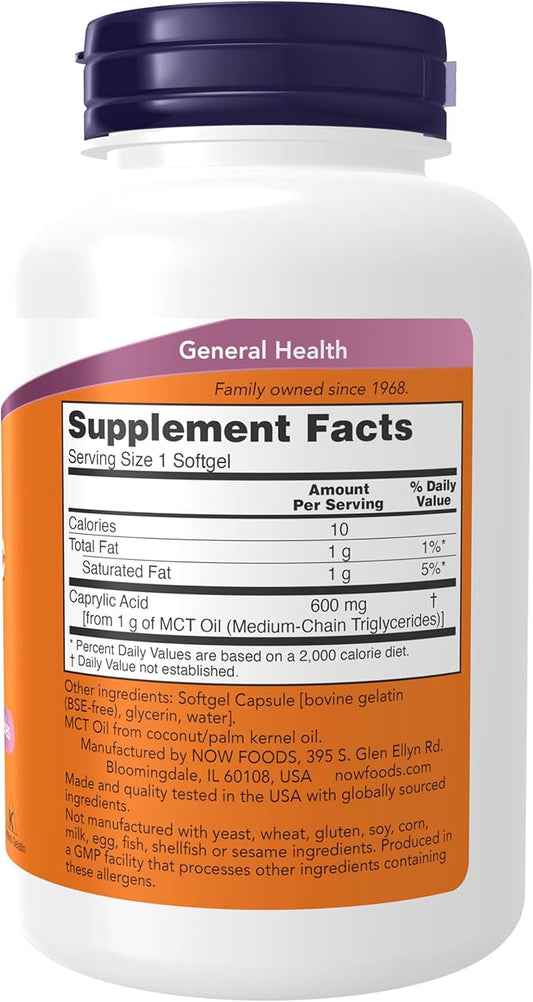 NOW Foods Supplements, Caprylic Acid 600 mg, MCT (Medium-Chain Triglycerides), 100 Softgels