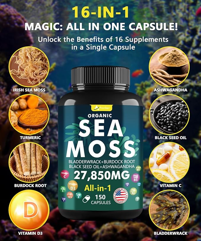 Sea Moss Capsules，Irish Sea Moss Capsules - with Aşhwagandha, Black Seed Oil & Turmeric - 150 Capsules