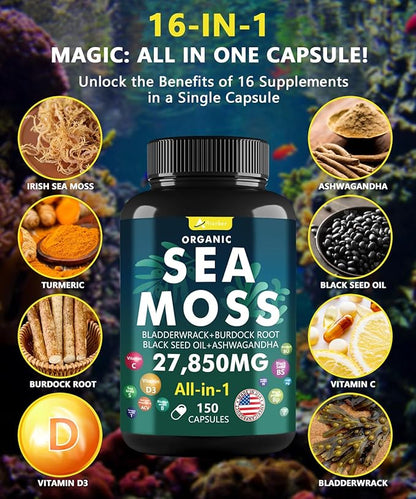 Sea Moss Capsules，Irish Sea Moss Capsules - with Aşhwagandha, Black Seed Oil & Turmeric - 150 Capsules