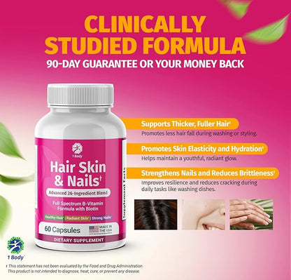 1 Body Hair Skin and Nails Vitamins with Biotin – Contains 26 Vitamins, Minerals and Herb Extracts – Hair and Nail Growth, Glowing Skin Supplements Formula for Men and Women – 60 Vegan Capsules