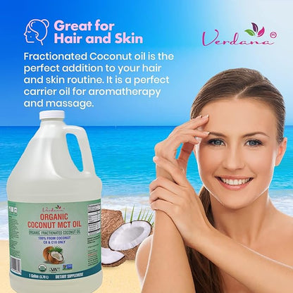 Verdana USDA Certified Organic Coconut MCT Oil –Fractionated Coconut Oil – No Palm Kernel Used – Kosher, Food Grade, Non-GMO – Great for Keto and Paleo Diets, Oil Pulling Rinse Mouthwash – 1Gallon