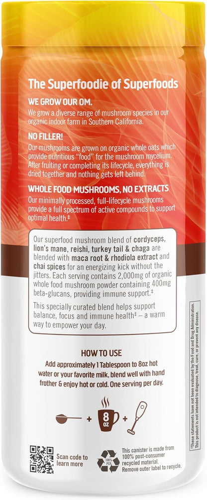 OM MUSHROOM SUPERFOOD Morning Energy Blend Mushroom Powder Drink, 8.47 Ounce Canister, Coffee Free Energy Drink with Cordyceps, Vitamin D2, Agaricus Bisporus, Lion's Mane, Rhodiola, and Turkey Tail