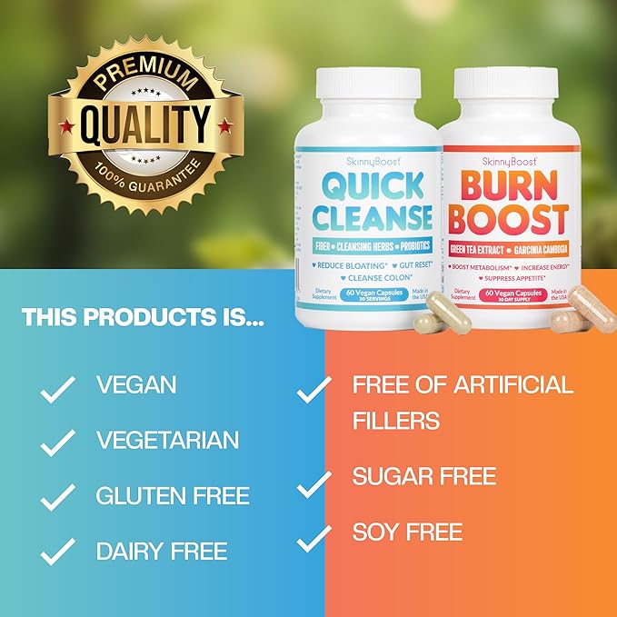SkinnyBoost Quick Cleanse and Green Tea Vegan Capsules Kit- 60 Ct/Bottle-Reduce Bloating, Colon Cleanse, Gut Reset, Weight Support- Made in The USA (120 Capsules)
