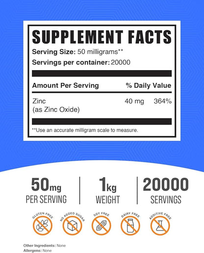 BulkSupplements.com Zinc Oxide Powder - Zinc 40mg, Zinc Oxide Supplement, Zinc Powder for Immune Support - Gluten Free, 50mg per Serving, 1kg (2.2 lbs) (Pack of 1)