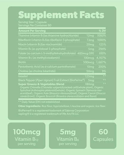 sapling Vegan Vitamin B Complex B1, B2, B2, B3, B3, B5, B5, B6, B6, B7, B7, Folate, B12-60 Caps