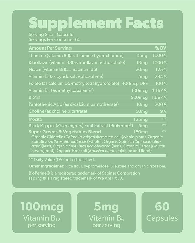 sapling Vegan Vitamin B Complex B1, B2, B2, B3, B3, B5, B5, B6, B6, B7, B7, Folate, B12-60 Caps