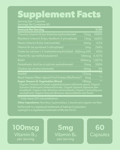 sapling Vegan Vitamin B Complex B1, B2, B2, B3, B3, B5, B5, B6, B6, B7, B7, Folate, B12-60 Caps