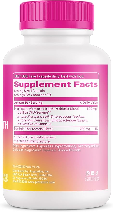 Pink Stork Women's Probiotics for Vaginal Health - 10 Billion CFUs for pH Balance, Urinary Tract, Gut Flora & Immune Health - Supports Vaginal Odor + Healthy Microbiome - 5 Strains - 30 Capsules