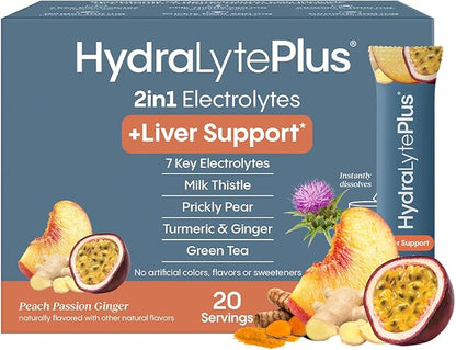 Hydralyte Liver Support + Electrolyte Mix with Milk Thistle, Turmeric, Ginger, Prickly Pear, Green Tea Extract Formulated for Rapid Rehydration (Peach Passion Ginger, 20 Packets)