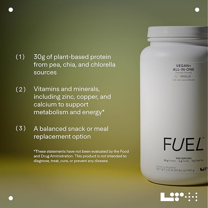 Fuel Vegan & All-in-One - Trusted by Life Time Fitness Members - 30g Protein - Plant-Based Protein Meal Replacement - Vitamins, Minerals, Digestive Enzymes & Probiotics - Vanilla, 20 Servings