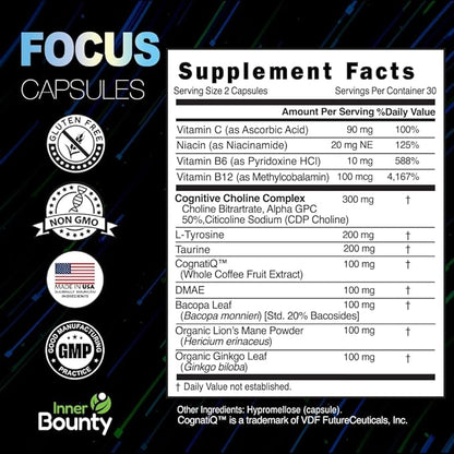 Focus 14-in-1 Nootropic Brain Supplement B12, Taurine, 60 Filler