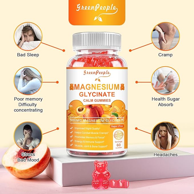 Magnesium Glycinate Gummies with Citrate 1000mg, B6, K2, K2, and 60 Peach