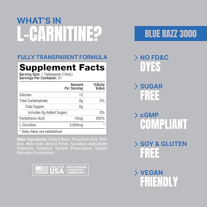 PROSUPPS L-Carnitine Stimulant Free Liquid Shots for Men & Women - Workout Drink for Performance & Muscle Recovery - Clean Energy, No Sugar, No Carbs (31 Servings, 3000 Blue Razz)