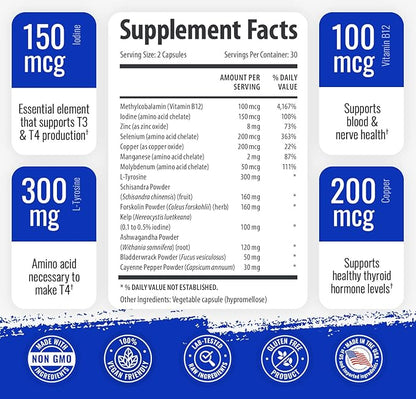 1 Body Thyroid Support Supplement 2 Pack 60 Days B12 Complex,