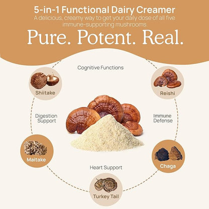 Real Mushrooms Functional Dairy Creamer - Coffee with Mushroom Extracts, Sweetened by Organic Lucuma Powder Maple Sap Powdered for Smoothies 90 Servings