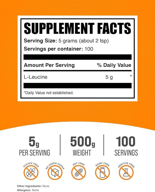 BulkSupplements.com L-Leucine Powder - Leucine Supplements, Leucine Amino Acid - BCAA Supplements, Leucine Powder - Unflavored, 5000mg per Serving, 500g (1.1 lbs) (Pack of 1)