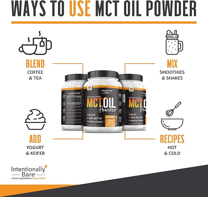 Intentionally Bare Organic MCT Oil Powder - Zero Net Carbs & No Grit MCT Powder for Body & Brain - Vegan MCT Creamer for Coffee, Tea, Shakes, Smoothies & Baking with 70% C8 & 30% C10 - Unflavored