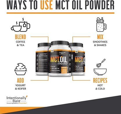 Intentionally Bare Organic MCT Oil Powder - Zero Net Carbs & No Grit MCT Powder for Body & Brain - Vegan MCT Creamer for Coffee, Tea, Shakes, Smoothies & Baking with 70% C8 & 30% C10 - Unflavored
