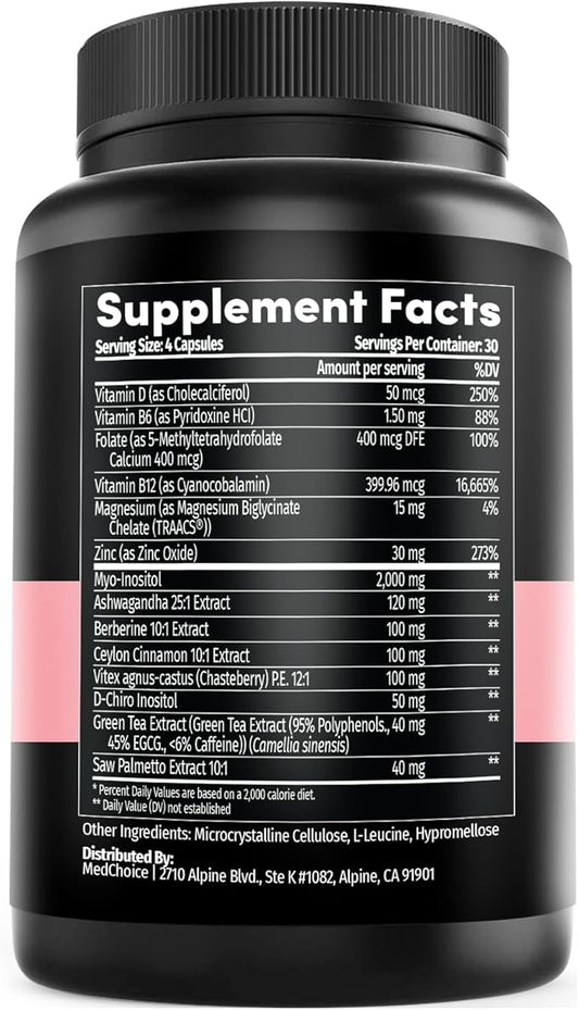 MEDCHOICE 4-in-1 Inositol Supplement - 40:1 Myo and D-Chiro Inositol for Energy, Metabolism, Ovarian and Hormone Support for Women (240ct)