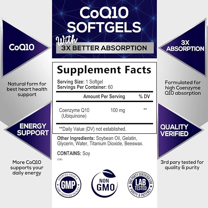 CoQ10 100mg Softgels, Superior Co Q10 Q10 Vitamin 60 Count