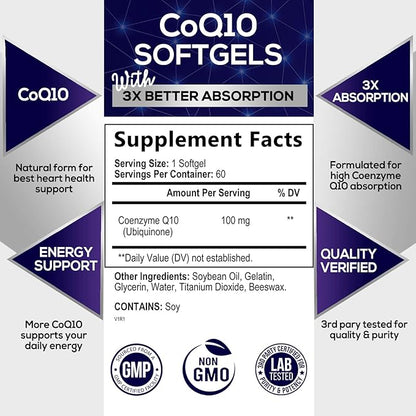 CoQ10 100mg Softgels, Superior Co Q10 Q10 Vitamin 60 Count