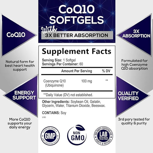 CoQ10 100mg Softgels, Superior Co Q10 Q10 Vitamin 60 Count