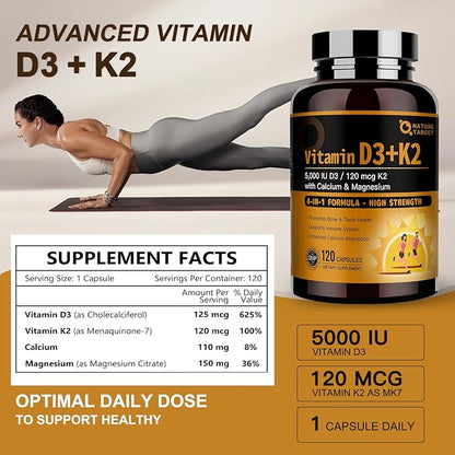 NATURE TARGET Vitamin D3 K2 with Calcium & Magnesium - Max Strength 4 in 1 Formula for Bone, Heart & Immune Support - Supplies 5000 IU Vitamin D3 & 120 mcg of Vitamin K2, 120 Count