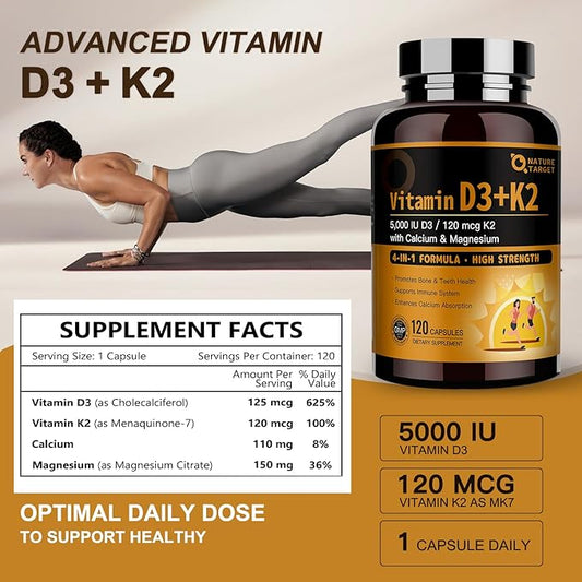NATURE TARGET Vitamin D3 K2 with Calcium & Magnesium - Max Strength 4 in 1 Formula for Bone, Heart & Immune Support - Supplies 5000 IU Vitamin D3 & 120 mcg of Vitamin K2, 120 Count