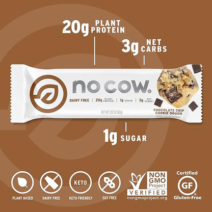 No Cow High Protein Bars, Chocolate Chip Cookie Dough - Healthy Snacks, 20g Vegan Protein, High Fiber, Low Sugar, Keto Friendly, Dairy & Gluten Free (12 Count)