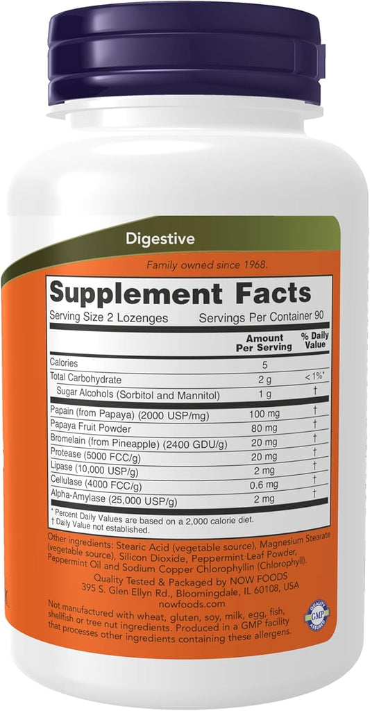 NOW Supplements, Papaya Enzyme with Mint 180 Chewable