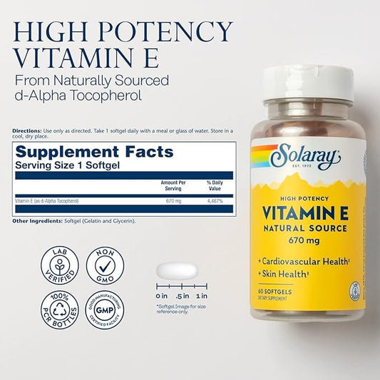 Solaray Vitamin E 1000 IU Softgel 670 mg 60-Day Guarantee 60 Servings, 60 Softgels