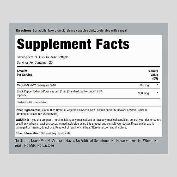 Piping Rock CoQ10 300mg Softgels 300mg Per 60 Pills Coq10 Coenzyme