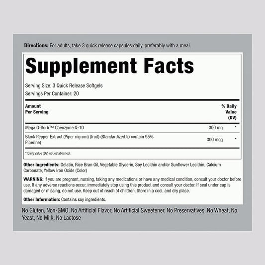 Piping Rock CoQ10 300mg Softgels 300mg Per 60 Pills Coq10 Coenzyme