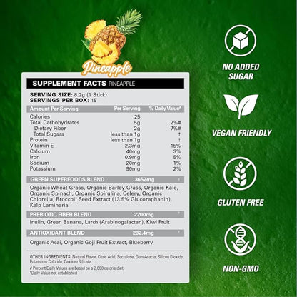 EHP Labs OxyGreens On The Go Greens Powder Stick Packs (15 Count) - Greens Packets - Spirulina & Chlorella Superfood, Sugar Free Green Juice Powder, Antioxidants & Immunity Support (Pineapple)