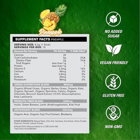 EHP Labs OxyGreens On The Go Greens Powder Stick Packs (15 Count) - Greens Packets - Spirulina & Chlorella Superfood, Sugar Free Green Juice Powder, Antioxidants & Immunity Support (Pineapple)