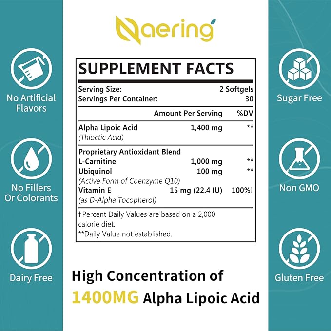 Liposomal Alpha Lipoic Acid 1400mg Softgels, 1000mg, Ubiquinol CoQ10) 100mg 100mg and 10mg,Alpha-Lipoic Acid 180 Softgels